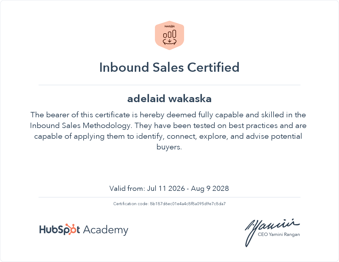 Inbound Sales Certified - Adelaid Wakaska